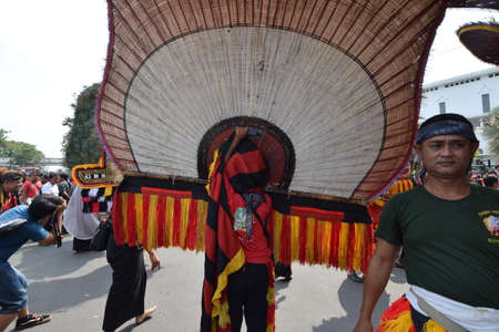 Reog Ponorogo performed at a cultural parade at a celebration to commemorate the 724th anniversary...