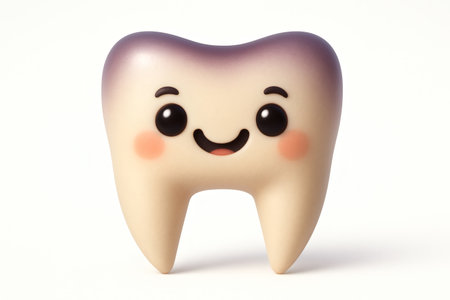 Tooth with smiley face on white background. 3d illustrationの素材
