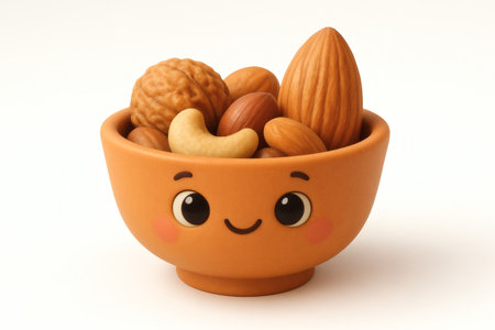 bowl of nuts isolated on white background with a smiley face and eyesの素材