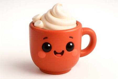 Cup of coffee with whipped cream on white background. 3d illustrationの素材