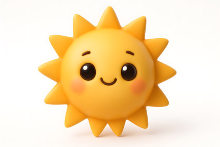 Smiling sun isolated on white background. 3d render illustration.の素材