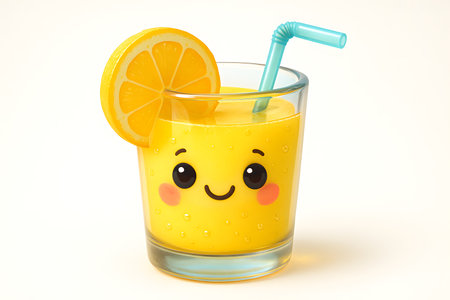 Funny glass of orange juice with a straw on a white backgroundの素材