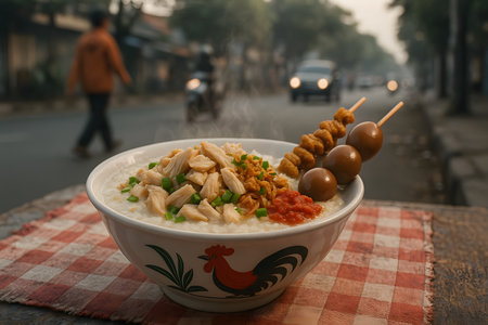 Rice porridge with chicken and vegetables in a bowl on the streetの素材