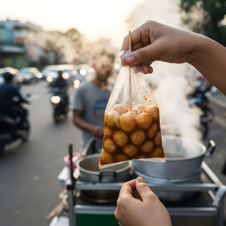 Thai street food - fried dumplings on the street in Thailandの素材