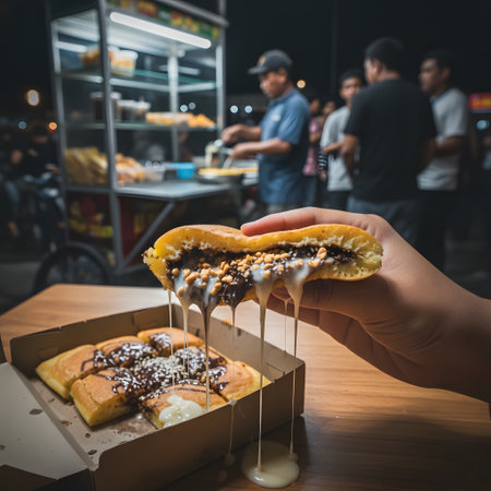 Hand holding donut with ice cream and chocolate topping on the tableの素材