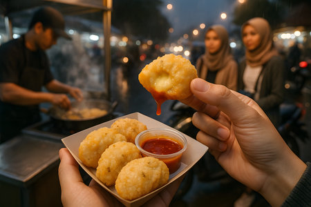 Hands of a Muslim woman holding a plate of fried chicken nuggets in a street food stallの素材