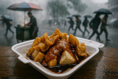 Fried dumplings in the rain. Chinese dim sum.の素材