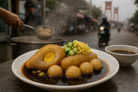 Noodles in soy sauce with egg ball in the street.の素材