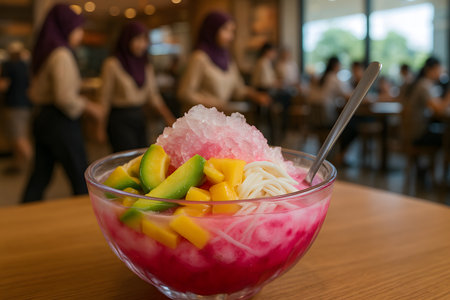 Thai dessert with mango and watermelon in a glass bowl.の素材