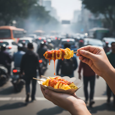 Hands holding hot dog on the street with traffic jam background.の素材