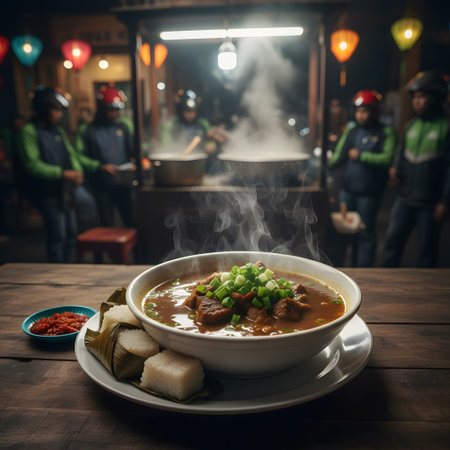 Thai style beef curry with rice dumpling on wooden tableの素材