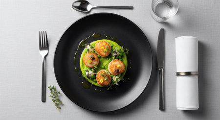 Grilled scallops with avocado sauce on plate, top viewの素材