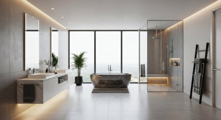 Interior of modern bathroom with white walls, tiled floor, comfortable bathtub and double sink with mirror. 3d renderingの素材