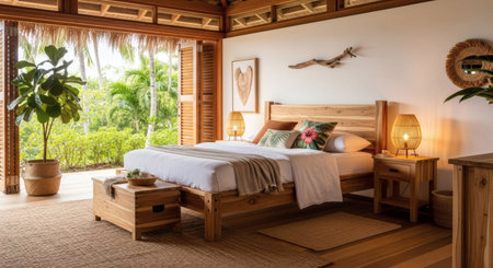 Interior of a hotel bedroom in the tropics with wooden bedの素材