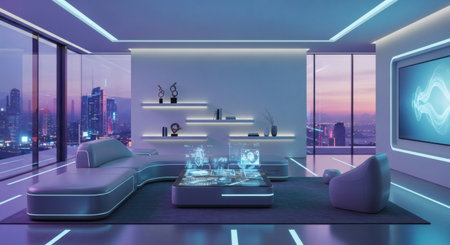 3D rendering of a modern living room with a beautiful panoramic viewの素材
