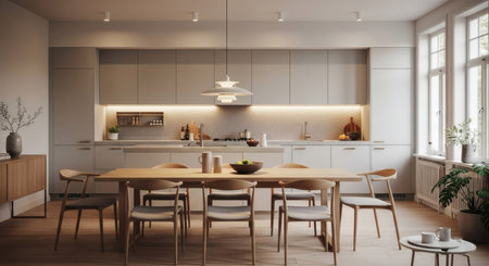 3d Illustration of white modern kitchen in a house with a beautiful designの素材