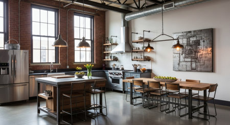 interior of modern loft style kitchen with brick wall and wooden furnitureの素材