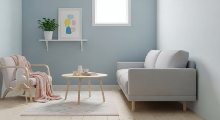 Interior of modern living room with grey sofa, armchair, coffee table and bookshelfの素材