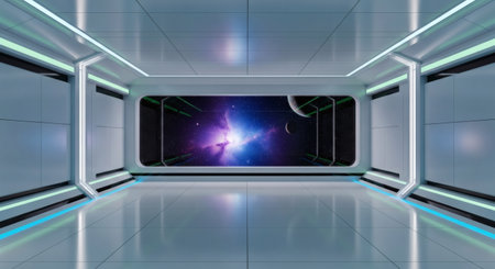 Spaceship interior with window view on space and planets 3D renderingの素材