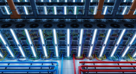 3d rendering of interior of a large data center with neon lightsの素材