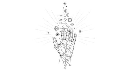 Vector illustration of mystic hand with star and moon. Black and white mystic hand drawn line art for coloring book.の素材