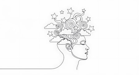 Line art portrait of a woman with a cloud in her head.の素材