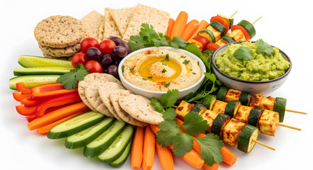 Bowl of hummus with fresh vegetables and crackers on white backgroundの素材