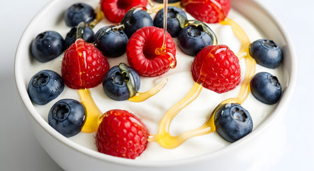 Closeup of yogurt with fresh berries in white bowl on white backgroundの素材