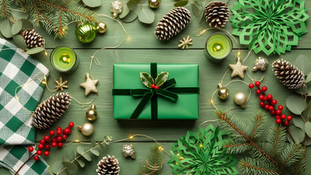 Christmas decoration with gift box on green wooden background. Top view with copy space.の素材