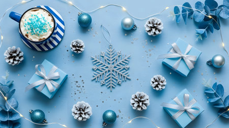 Cup of cappuccino with whipped cream, blue christmas decorations and gift boxes on blue backgroundの素材