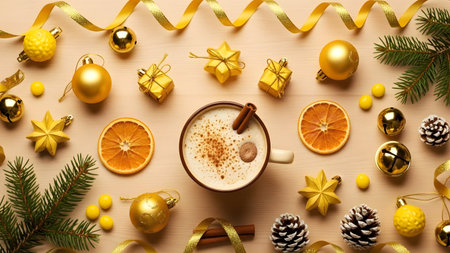 Cup of coffee with christmas decorations on wooden table, flat layの素材