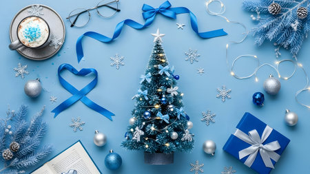 Christmas tree with blue ribbon, cup of coffee and gift boxes on blue backgroundの素材