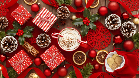 Christmas background with cup of cappuccino and christmas decorations on wooden tableの素材