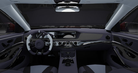 The interior of a modern car with a dashboard and a steering wheel. View from the inside. 3d...