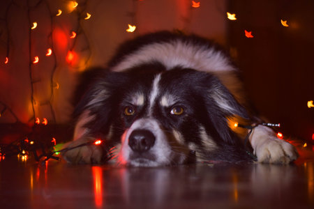 Christmas photo of border collie. Photo from photo studio with Christmas light background.の写真素材