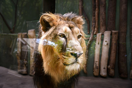 Lion in our zoo in the Czech Republic. He is in the zoo and he is so beautifulの写真素材