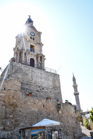 Ancient fortress on the island of Rhodes. A beautiful fortress tower from the battle.の写真素材