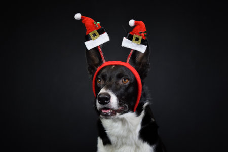 christmas photo of dog in photo studio with christmas hat. Black background in photo studio.の写真素材