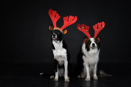 christmas photo of dogs in photo studio with christmas hat. Black background in photo studio.の写真素材