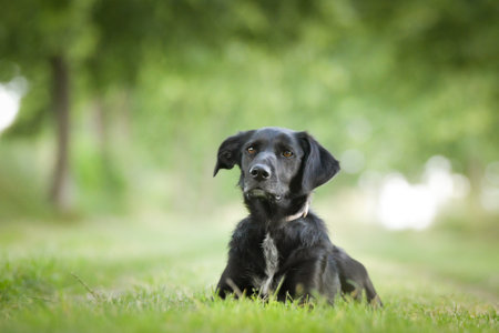 Spring portrait of dog in nature. He is so cute in nature.の写真素材