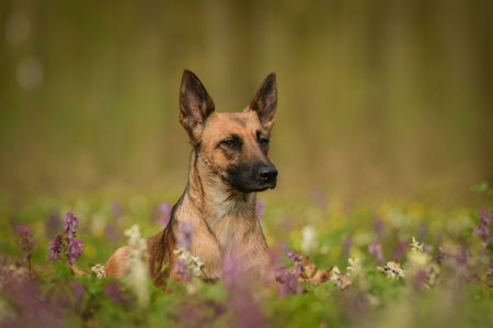 Spring portrait of dog in nature. He is so cute in nature. He has such a lovely faceの写真素材