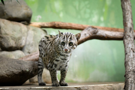 Prionailurus viverrinus is in her zoo habitat. Sand habitat in zoo in sunny day.