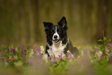 Spring portrait of dog in nature. He is so cute in nature. He has such a lovely faceの写真素材