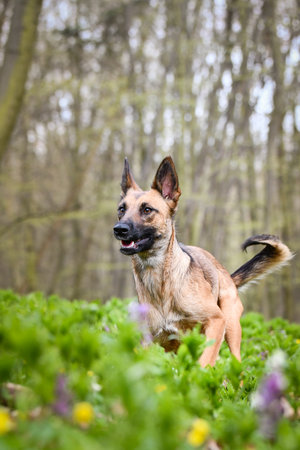Spring portrait of dog in nature. He is so cute in nature. He has such a lovely faceの写真素材