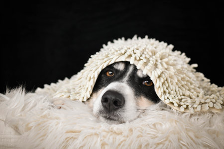 Dog lying on a fluffy blanket with a soft rug over its head, looking calm and cozy.の写真素材
