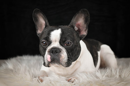 French Bulldog lying on a fluffy white rug against a black background, looking calm and relaxed.の写真素材