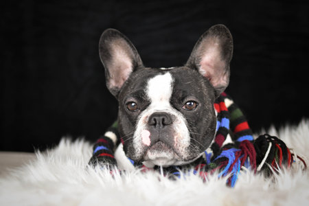 Portrait of a French Bulldog wearing a colorful striped scarf, sitting on a fluffy rug with black studio background.の写真素材