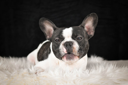 French Bulldog lying on a fluffy white rug against a black background, looking calm and relaxed.の写真素材