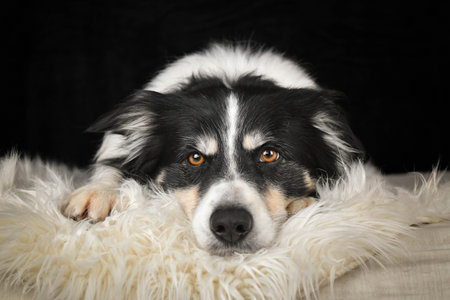 Close-up portrait of a black and white Border Collie lying on a fluffy white rug against a dark background.の写真素材