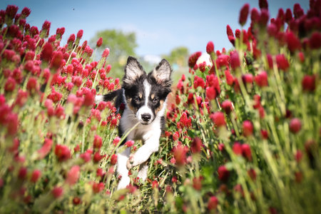 Playful Border Collie puppy running through a vibrant field of red clover flowers on a sunny spring day.の写真素材